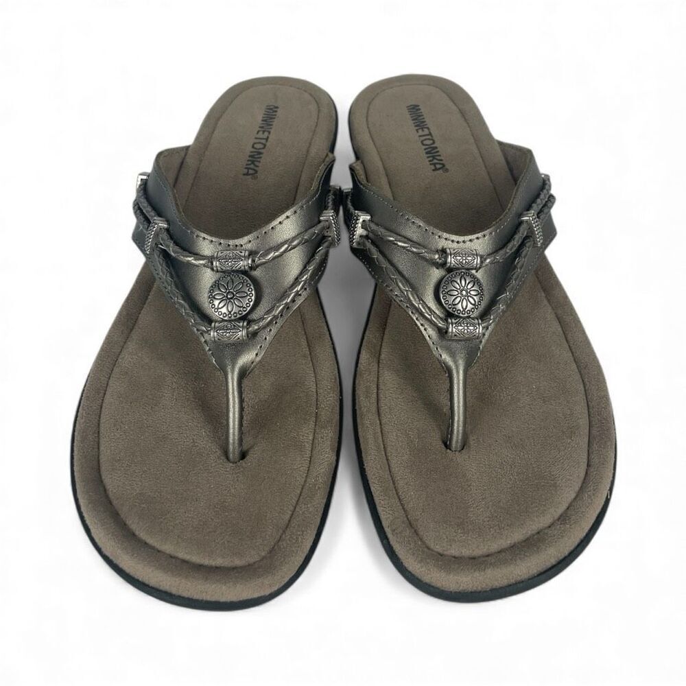 Minnetonka Metallic Leather Sandals Comfort Flip Flops Women 9 NWOB - Picture 2 of 7